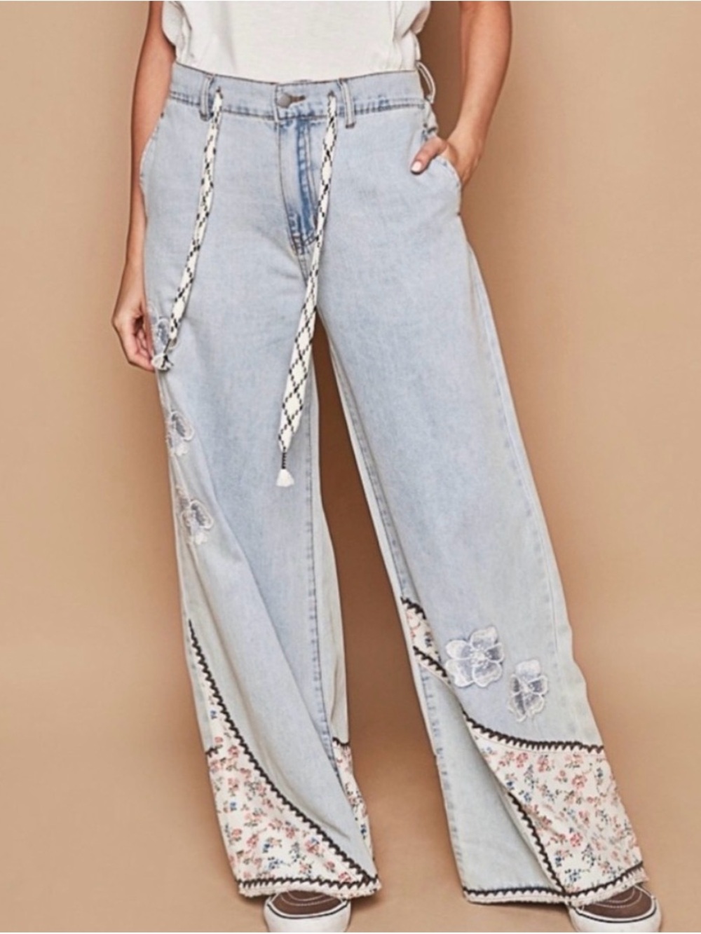POL Light Blue Embroidered Wide Leg Jeans